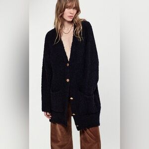 Frame Women Boyfriend Boucle Alpaca Wool Cardigan Sweater Large Navy NEW $648